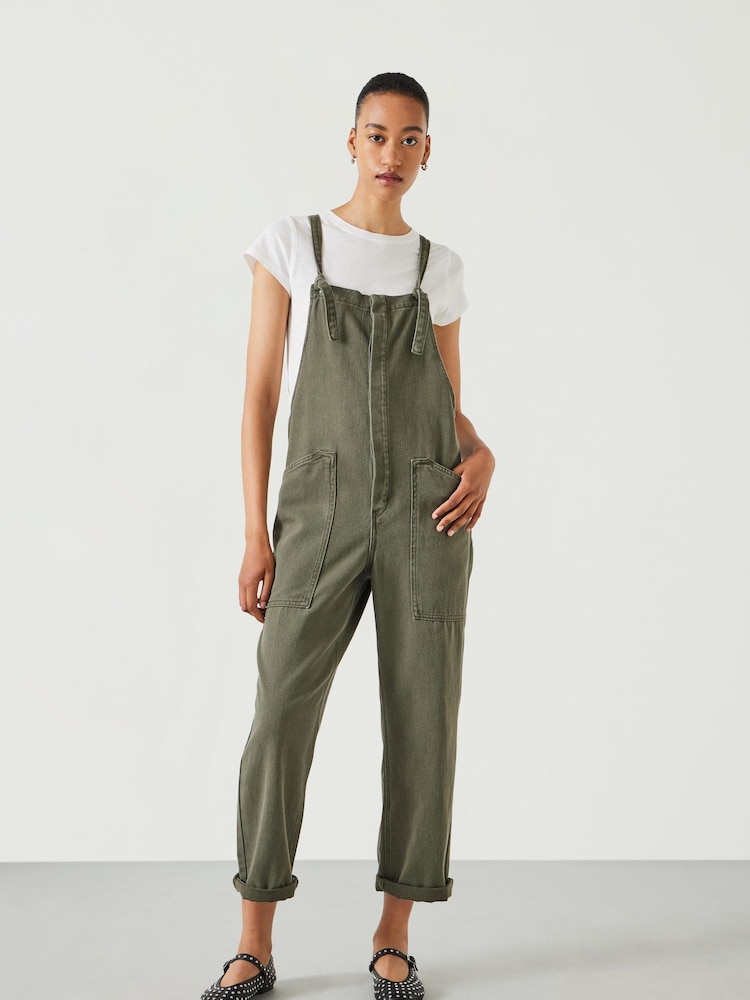 Hush Green Ellie Relaxed Denim Cropped 100% Cotton Dungarees - Image 1 of 5