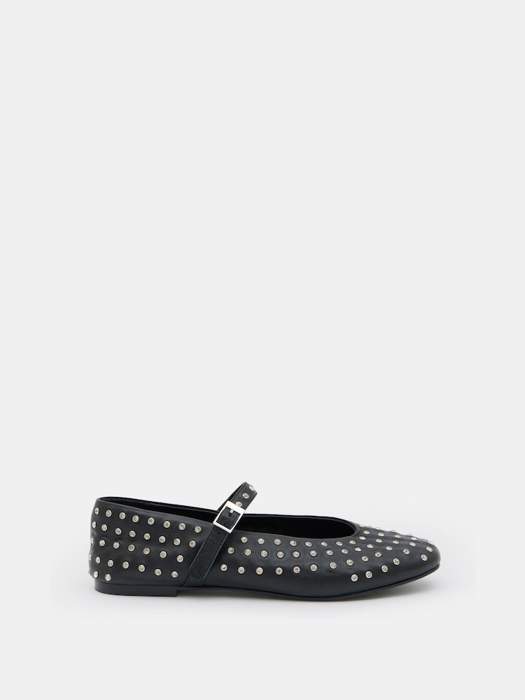 Hush Black Diamante Studded MJ Leather Flats - Image 2 of 3