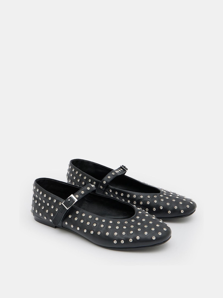 Hush Black Diamante Studded MJ Leather Flats - Image 4 of 4