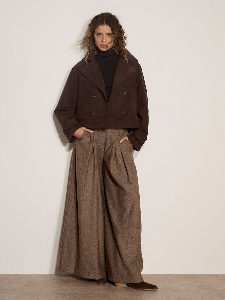 棕色 - Apricot Herringbone Tweed Wide-Leg Trousers - 圖片 1，共 4