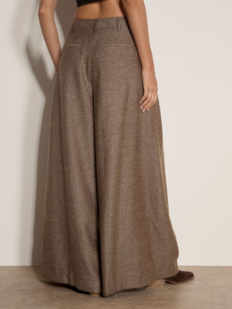 棕色 - Apricot Herringbone Tweed Wide-Leg Trousers - 圖片 2，共 4