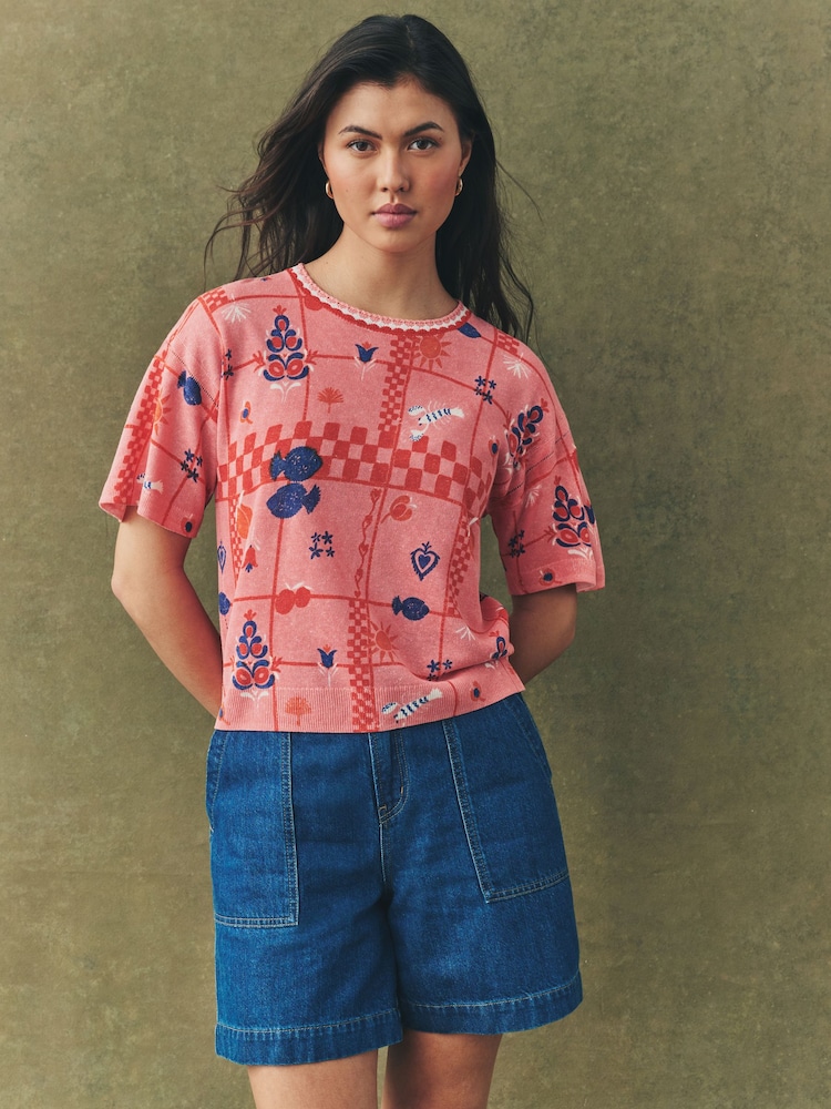 Rosa con estampado marino - Short Sleeve Crew Neck T-Shirt With Linen - Imagen 1 de 6 Rosa con estampado marino - Short Sleeve Crew Neck T-Shirt With Linen - Imagen 1 de 6