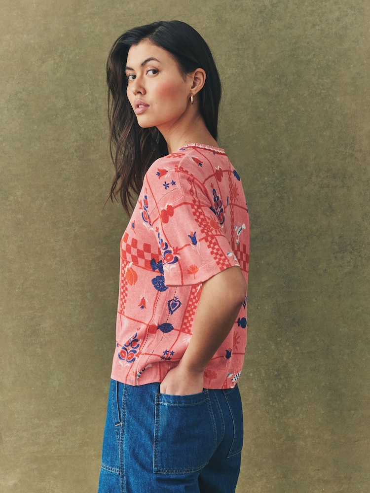 Rosa con estampado marino - Short Sleeve Crew Neck T-Shirt With Linen - Imagen 2 de 6 Rosa con estampado marino - Short Sleeve Crew Neck T-Shirt With Linen - Imagen 2 de 6