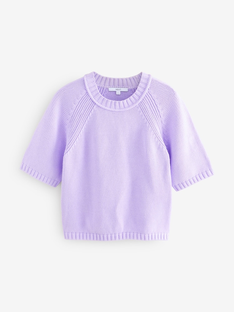 Purple Lilac 100% Cotton Knitted Short Sleeve Top - Image 6 of 8