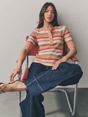 Orange Stripe Button Up Crew Neck Short Sleeve Top With Linen - Image 1 of 8