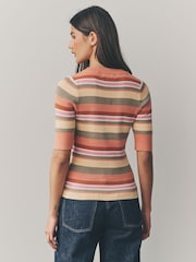 Orange Stripe Button Up Crew Neck Short Sleeve Top With Linen - Image 2 of 8