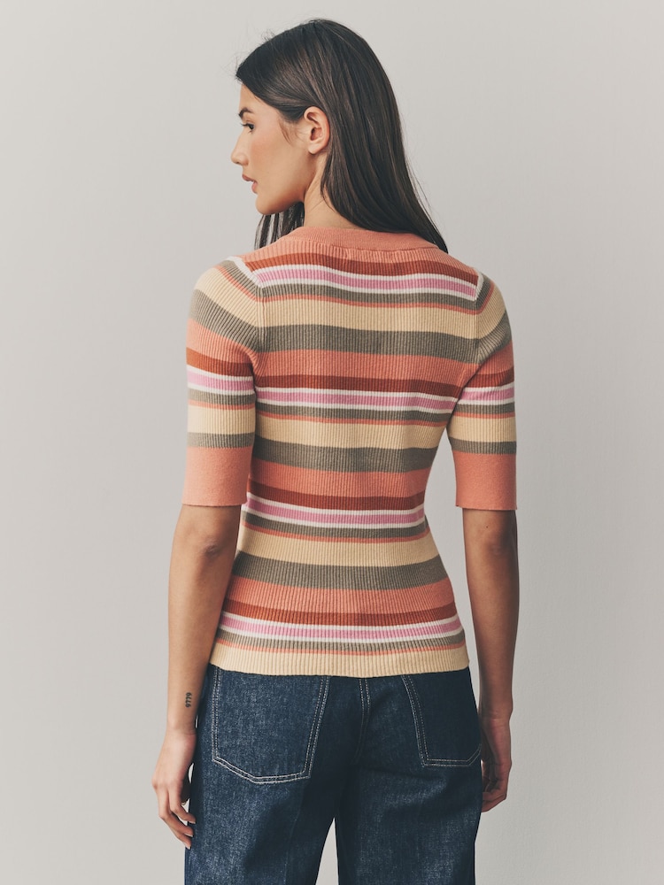 Orange Stripe Button Up Crew Neck Short Sleeve Top With Linen - Image 2 of 8