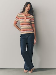 Orange Stripe Button Up Crew Neck Short Sleeve Top With Linen - Image 3 of 8