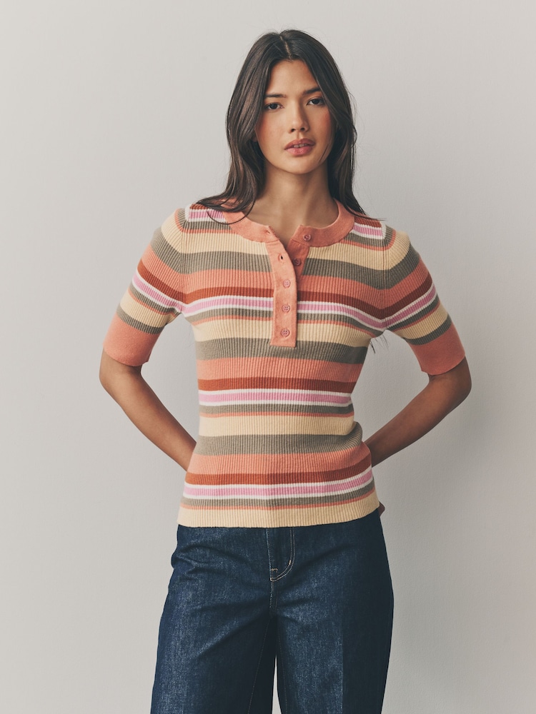 Orange Stripe Button Up Crew Neck Short Sleeve Top With Linen - Image 4 of 8