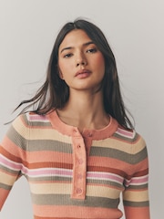 Orange Stripe Button Up Crew Neck Short Sleeve Top With Linen - Image 5 of 8