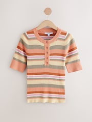 Orange Stripe Button Up Crew Neck Short Sleeve Top With Linen - Image 6 of 8