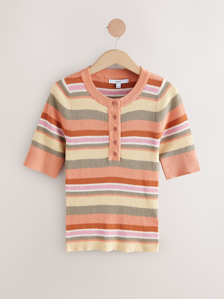 Orange Stripe Button Up Crew Neck Short Sleeve Top With Linen - Image 6 of 8