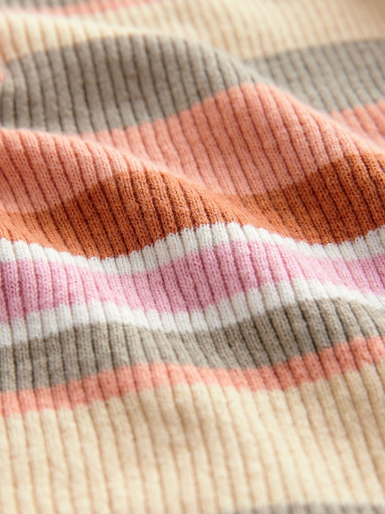 Orange Stripe Button Up Crew Neck Short Sleeve Top With Linen - Image 8 of 8