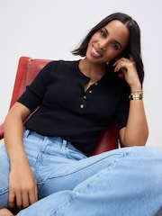 Black Button Up Crew Neck Short Sleeve Top With Linen - Image 1 of 7