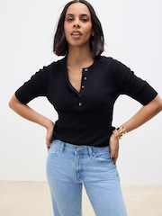 Black Button Up Crew Neck Short Sleeve Top With Linen - Image 3 of 7