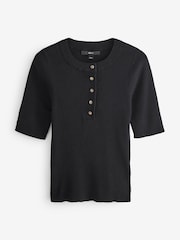 Black Button Up Crew Neck Short Sleeve Top With Linen - Image 6 of 7