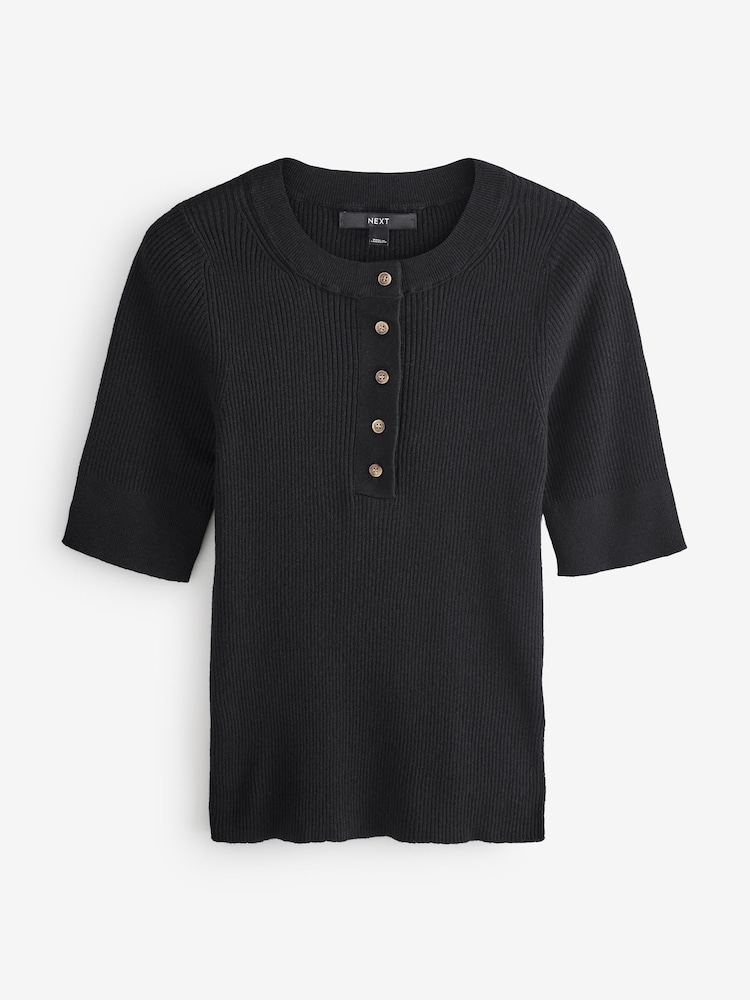Black Button Up Crew Neck Short Sleeve Top With Linen - Image 6 of 7