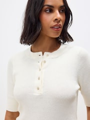 White Ecru Button Up Crew Neck Short Sleeve Top With Linen - Image 1 of 6