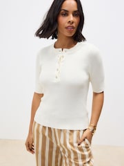 White Ecru Button Up Crew Neck Short Sleeve Top With Linen - Image 2 of 6