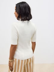 White Ecru Button Up Crew Neck Short Sleeve Top With Linen - Image 3 of 6