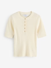 White Ecru Button Up Crew Neck Short Sleeve Top With Linen - Image 4 of 6