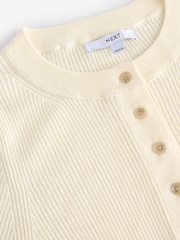 White Ecru Button Up Crew Neck Short Sleeve Top With Linen - Image 6 of 6