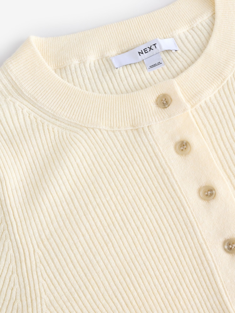 White Ecru Button Up Crew Neck Short Sleeve Top With Linen - Image 6 of 6