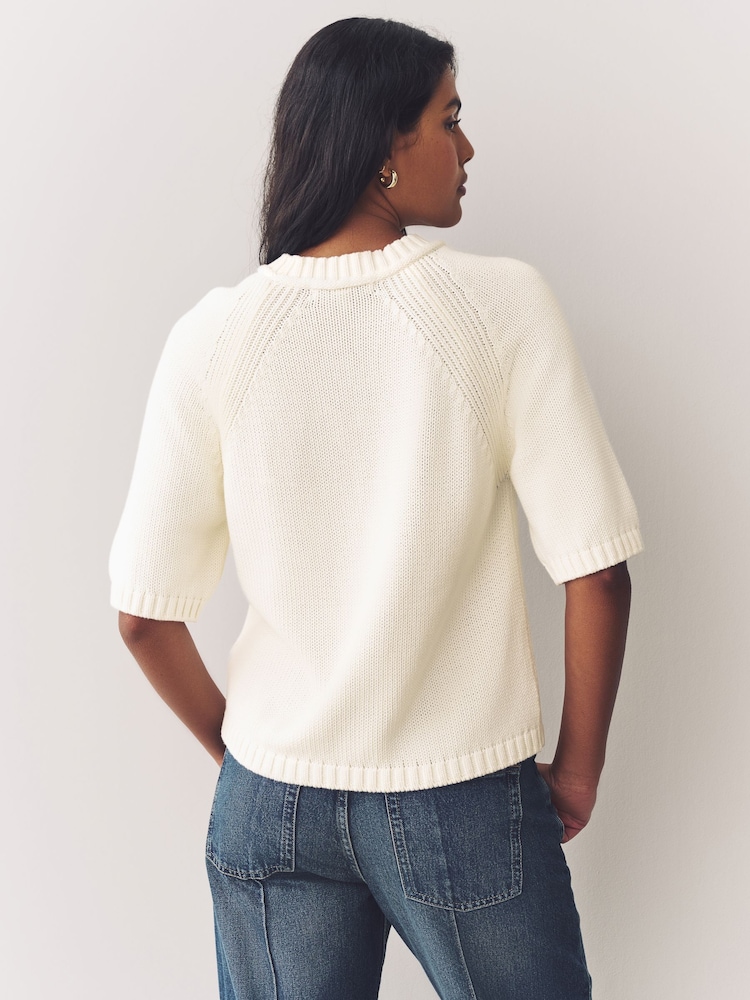 White Ecru 100% Cotton Knitted Short Sleeve Top - Image 4 of 8