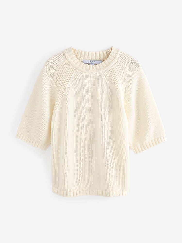 White Ecru 100% Cotton Knitted Short Sleeve Top - Image 6 of 8