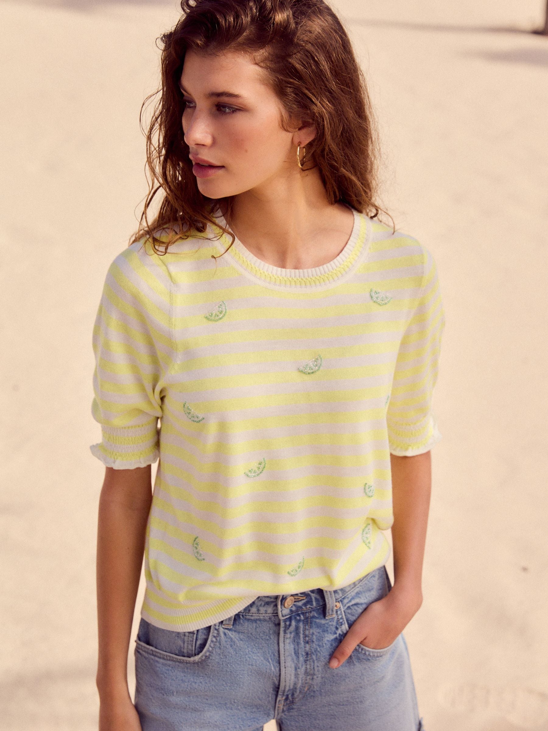 Buy Yellow Stripe with Embroidered Limes Short Sleeve Crew Neck T