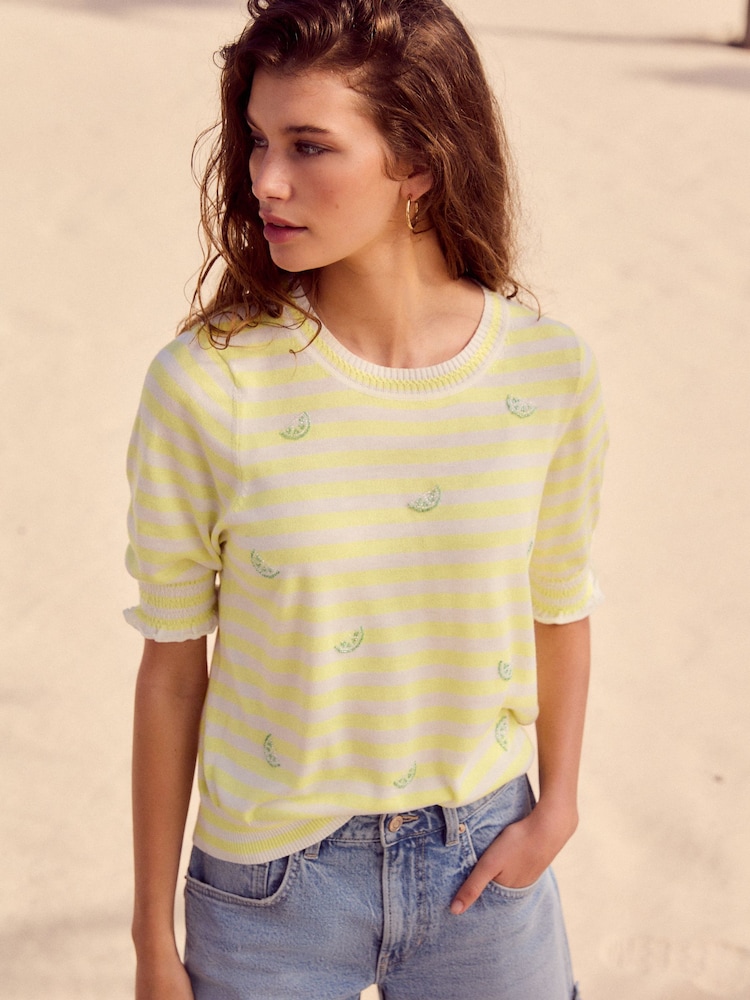 Yellow Stripe with Embroidered Limes Short Sleeve Crew Neck T-Shirt With Frill Edge Detail - Image 3 of 8