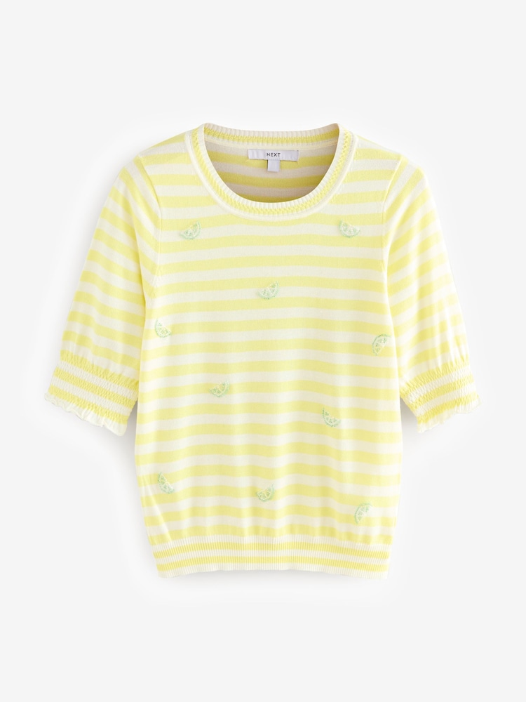 Yellow Stripe with Embroidered Limes Short Sleeve Crew Neck T-Shirt With Frill Edge Detail - Image 6 of 8