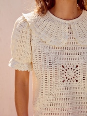 White Ecru 100% Cotton Collared Crochet Short Sleeve Top - Image 2 of 8