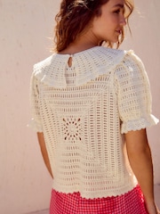 White Ecru 100% Cotton Collared Crochet Short Sleeve Top - Image 3 of 8