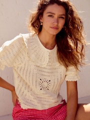 White Ecru 100% Cotton Collared Crochet Short Sleeve Top - Image 4 of 8