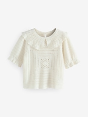 White Ecru 100% Cotton Collared Crochet Short Sleeve Top - Image 5 of 8