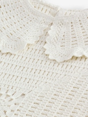 White Ecru 100% Cotton Collared Crochet Short Sleeve Top - Image 7 of 8