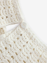 White Ecru 100% Cotton Collared Crochet Short Sleeve Top - Image 8 of 8