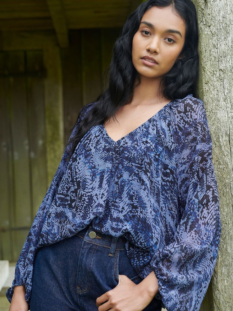 Ro&Zo Blue Snake Print Blouson Sleeve Blouse - Image 1 of 5