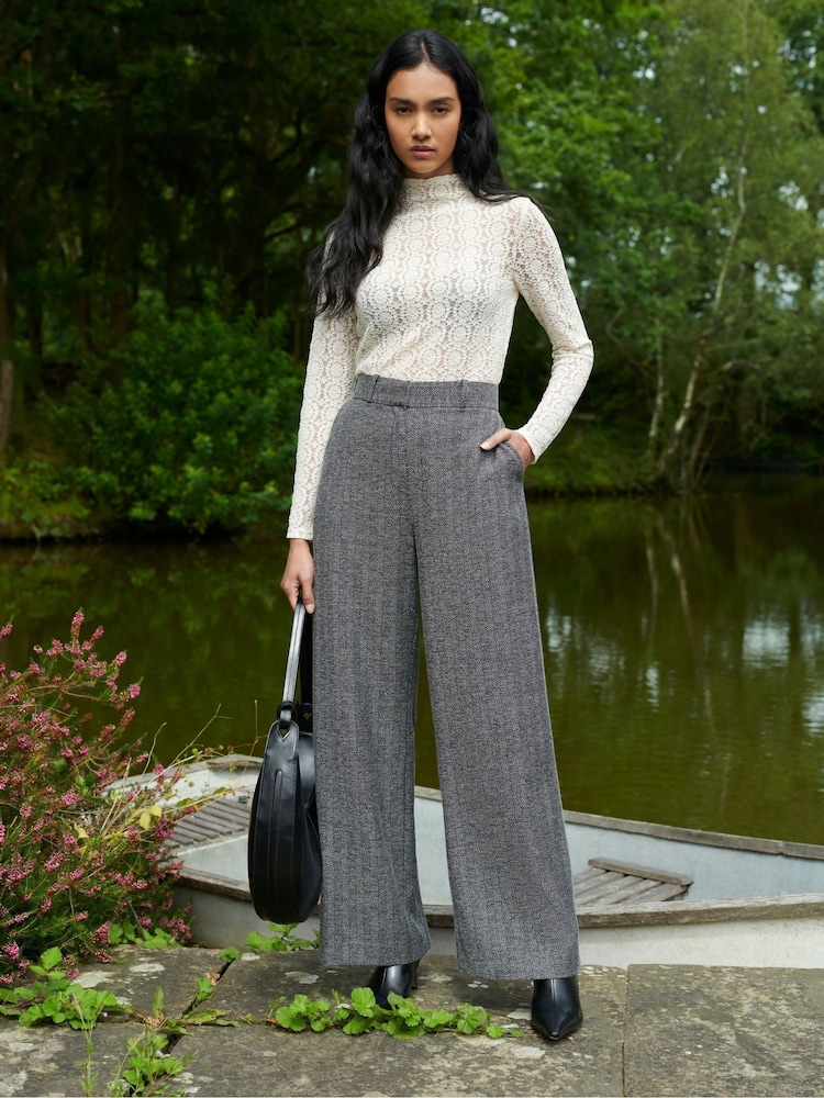Ro&Zo Grey Herringbone Wide Leg Trousers - Image 1 of 5