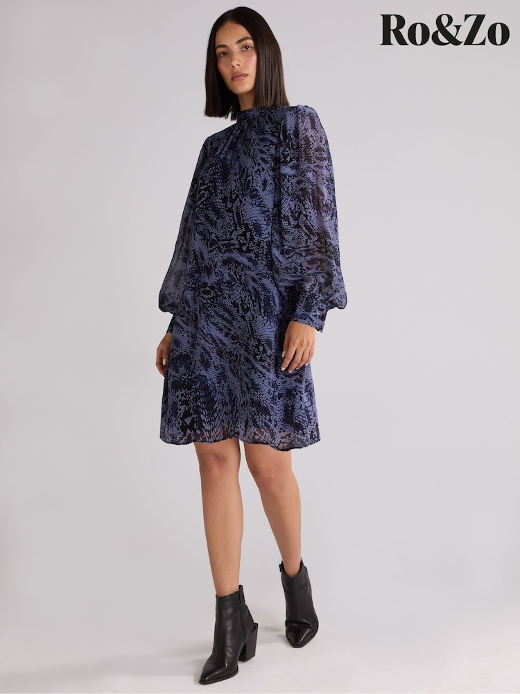 Ro&Zo Blue Petite Snake Effect Print High Neck Dress - Image 6 of 6