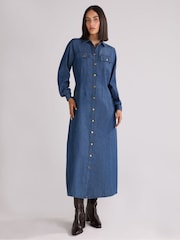 Ro&Zo Blue Petite Long Sleeve Denim Shirt 100% Cotton Dress - Image 1 of 4