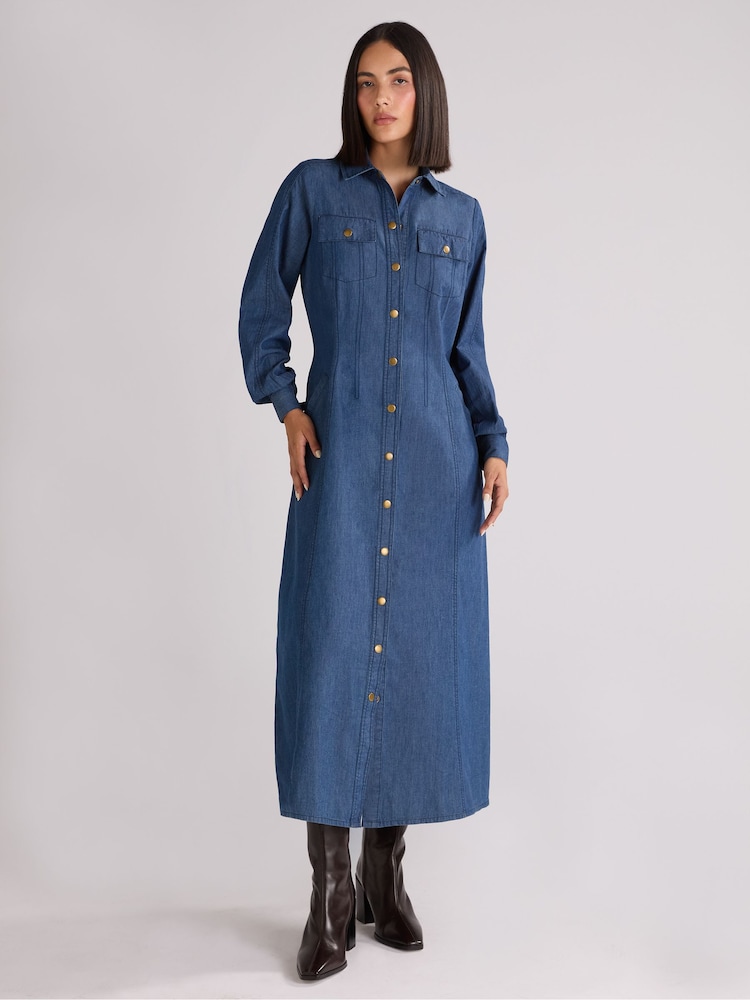 Ro&Zo Blue Petite Long Sleeve Denim Shirt 100% Cotton Dress - Image 1 of 4
