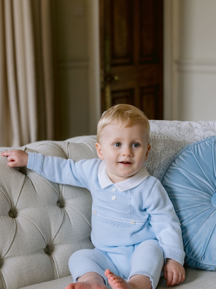 Emile et Rose Blue Knitted 100% Cotton All-In-One With Ridged Yoke & Collar - Image 1 of 5