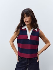 Burgundy Red Stripe Smart Knitted Sleeveless Polo Tank - Image 1 of 9