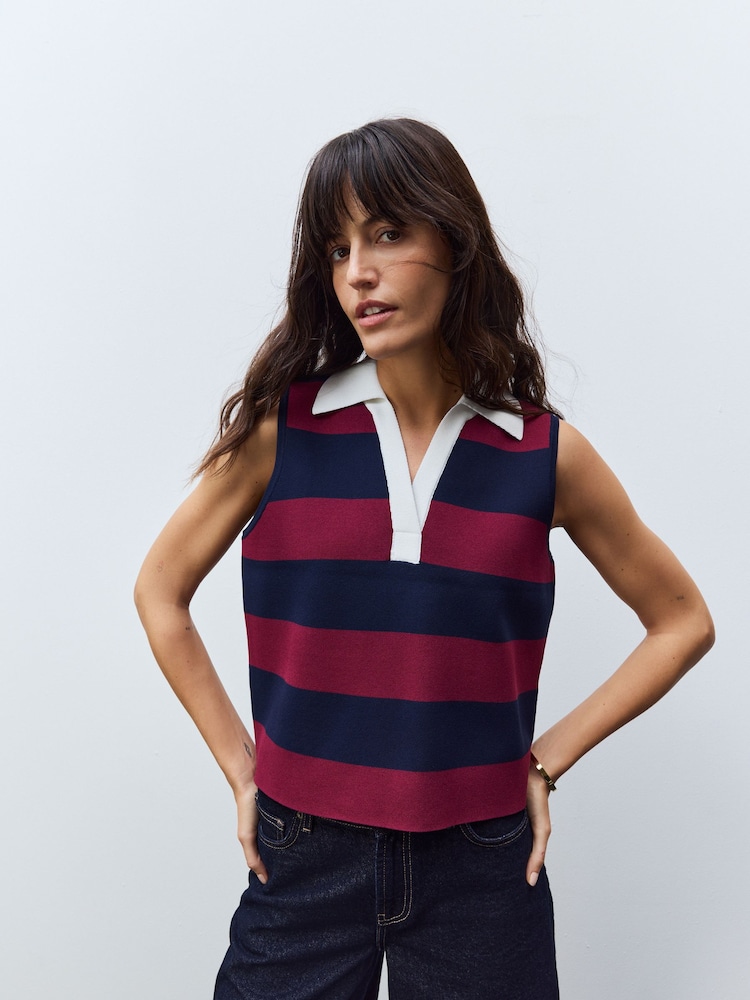 Burgundy Red Stripe Smart Knitted Sleeveless Polo Tank - Image 1 of 9