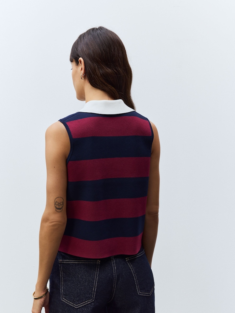 Burgundy Red Stripe Smart Knitted Sleeveless Polo Tank - Image 2 of 9