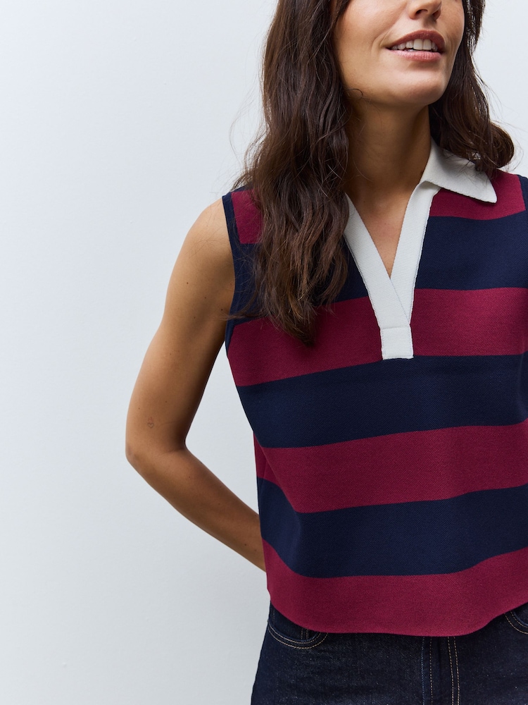 Burgundy Red Stripe Smart Knitted Sleeveless Polo Tank - Image 5 of 9