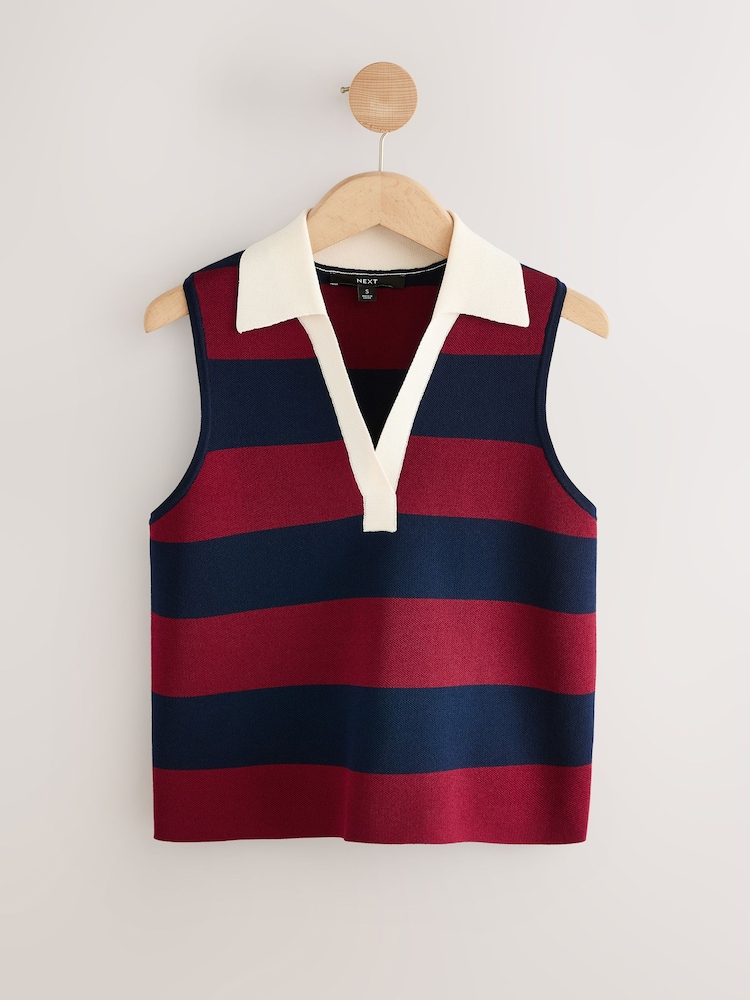 Burgundy Red Stripe Smart Knitted Sleeveless Polo Tank - Image 7 of 9