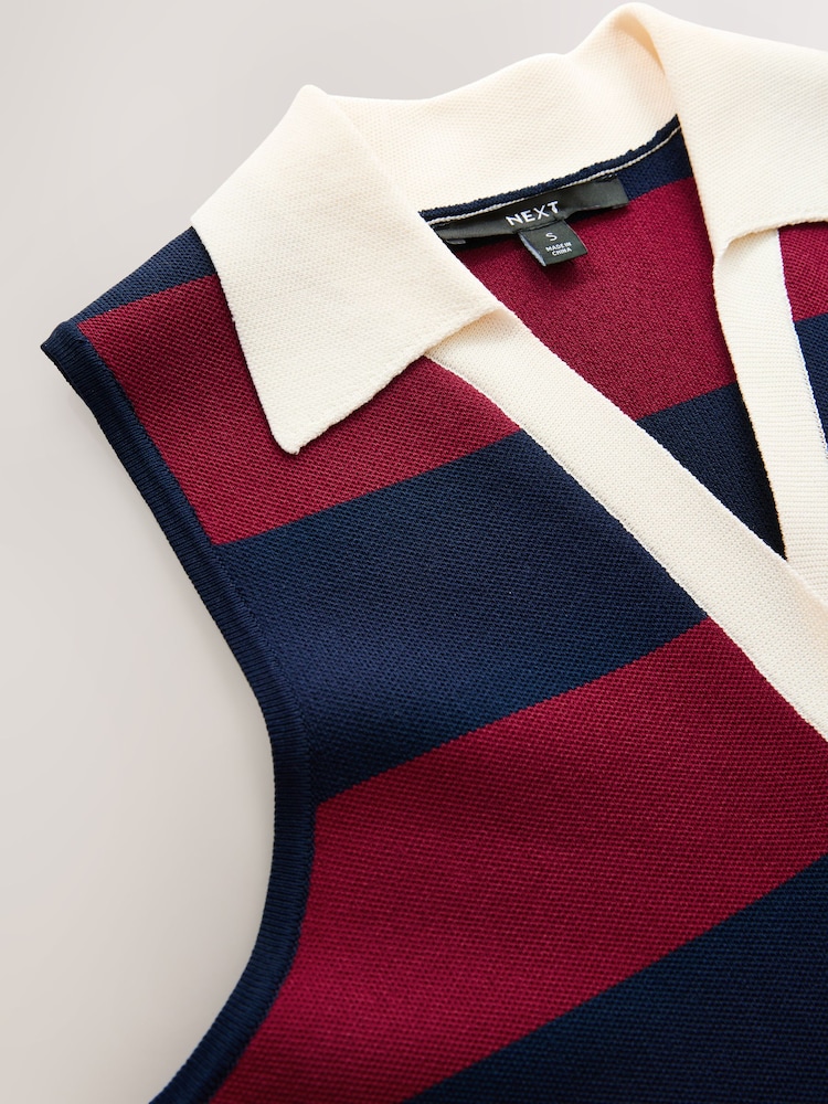 Burgundy Red Stripe Smart Knitted Sleeveless Polo Tank - Image 8 of 9